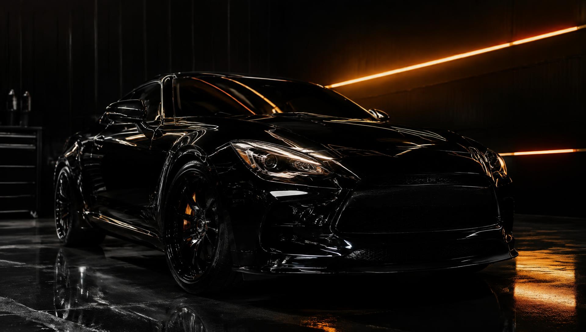 Gloss black sports car in the Apex studio